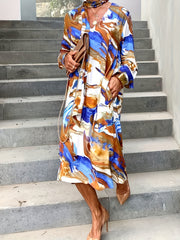 Marble Print Long Sleeve V Neck Casual Midi Dress