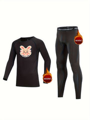 2pcs Kids Compression Fleece Sets Rabbit Pattern Crew Neck Pullover & Pants