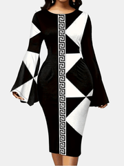  Colorblock Geometric Print Bell Sleeve Dress
