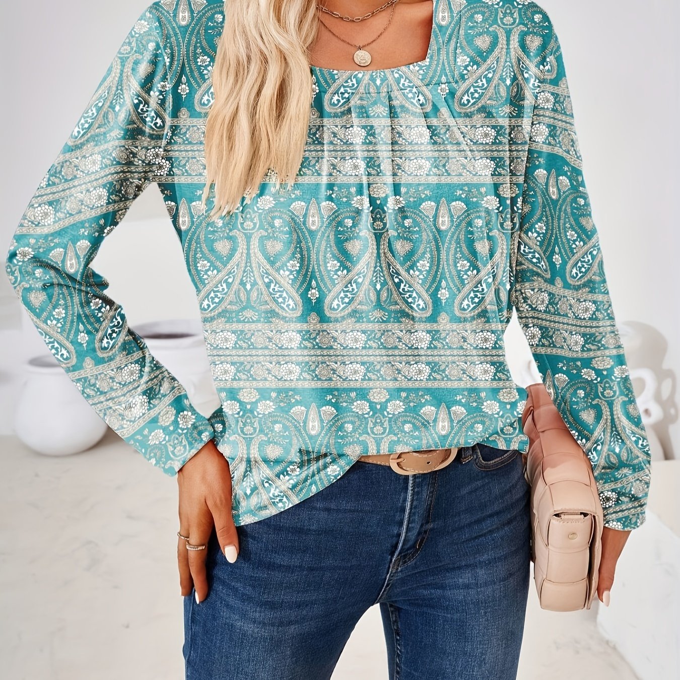  Paisley Print Long Sleeve Boho Blouse