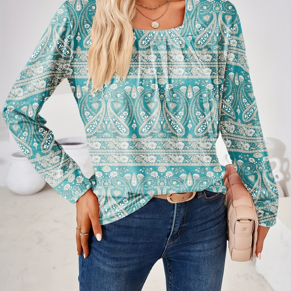  Paisley Print Long Sleeve Boho Blouse