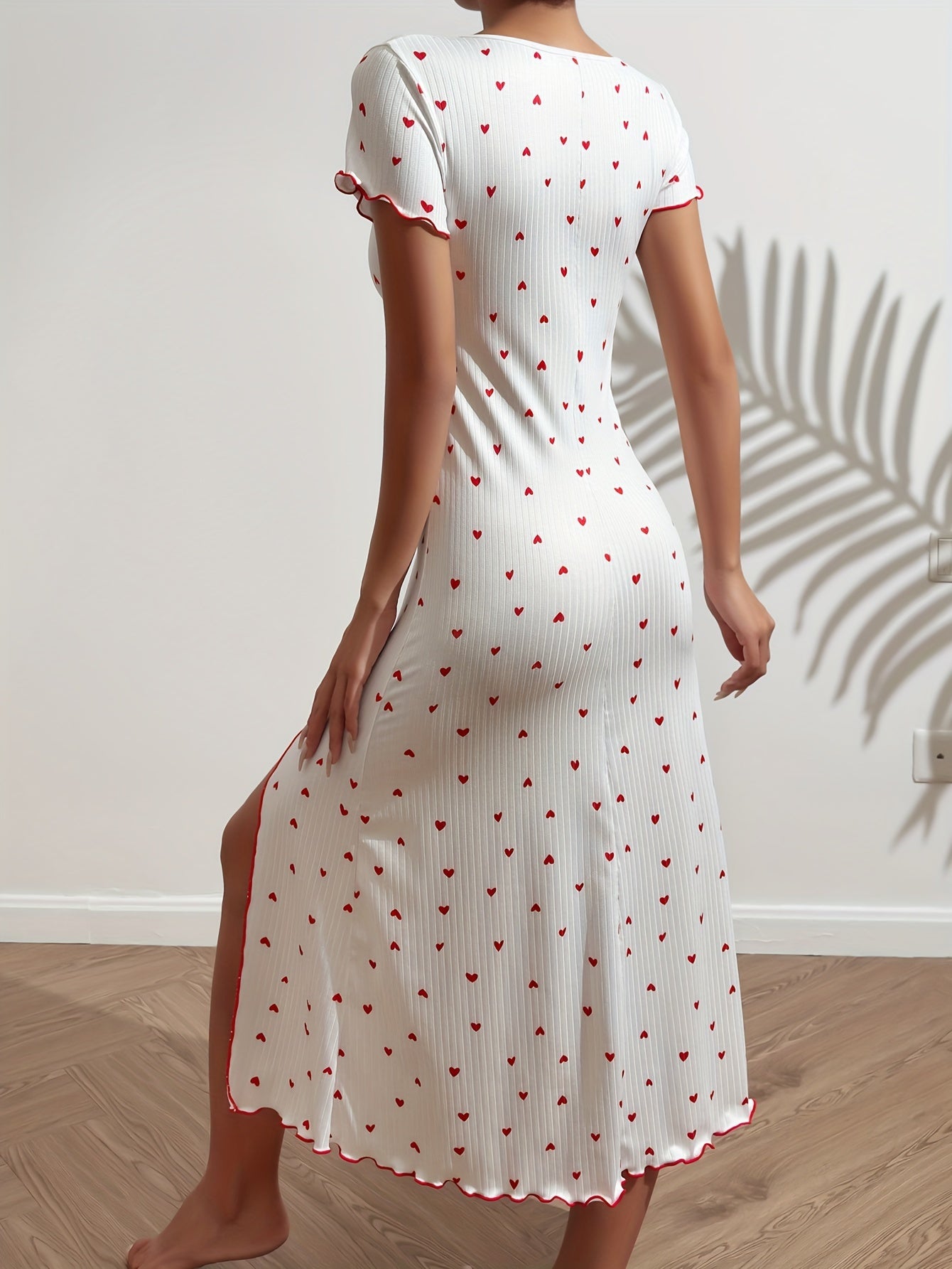 Heart Print NightDress Short Sleeve Split Pajama Dress