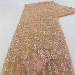 Golden African Organza Lace Fabric High French Beads Lace Sequins Tulle Lace Fab