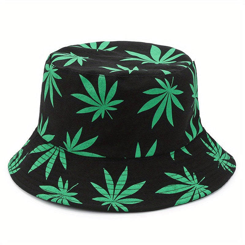 Leaf Print Reversible Bucket Hat Casual Sun Hat For Fishing Travel