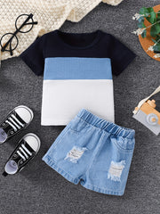 2pcs Baby Boys Block Neck T shirt & Denim Shorts Summer Clothes Sets