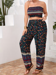 Boho 2pc Set Plus Size Ditsy Print Tube Top & Wide Leg Pants