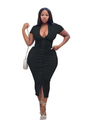 Solid Bodycon Dress Short Sleeve Button Up Sexy
