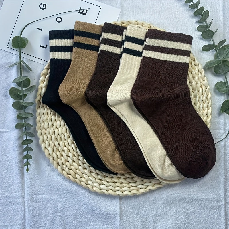 5 Pairs Striped Crew Socks Comfy & Breathable Women's Stockings