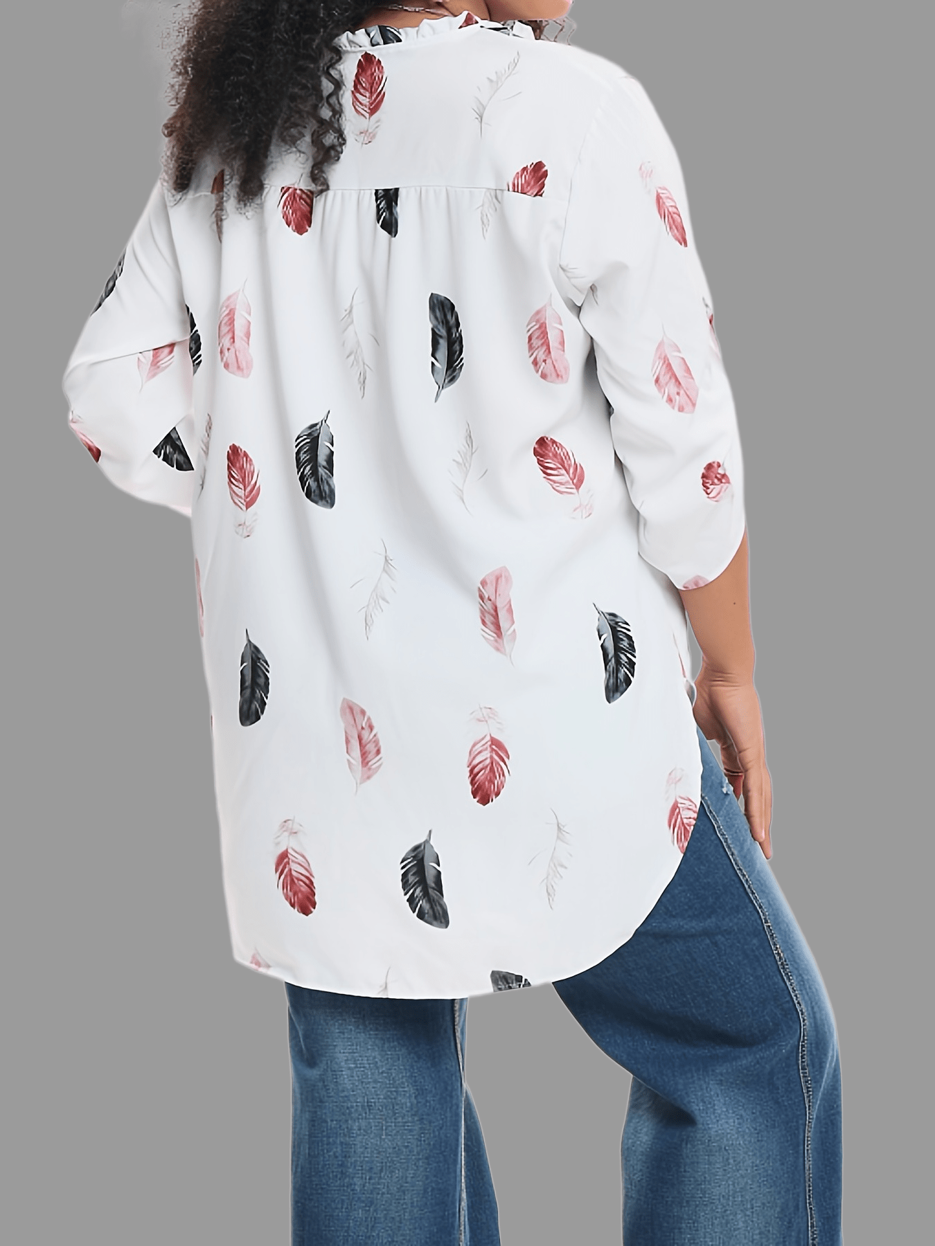  Casual Blouse Women's Plus Feather Print Long Sleeve