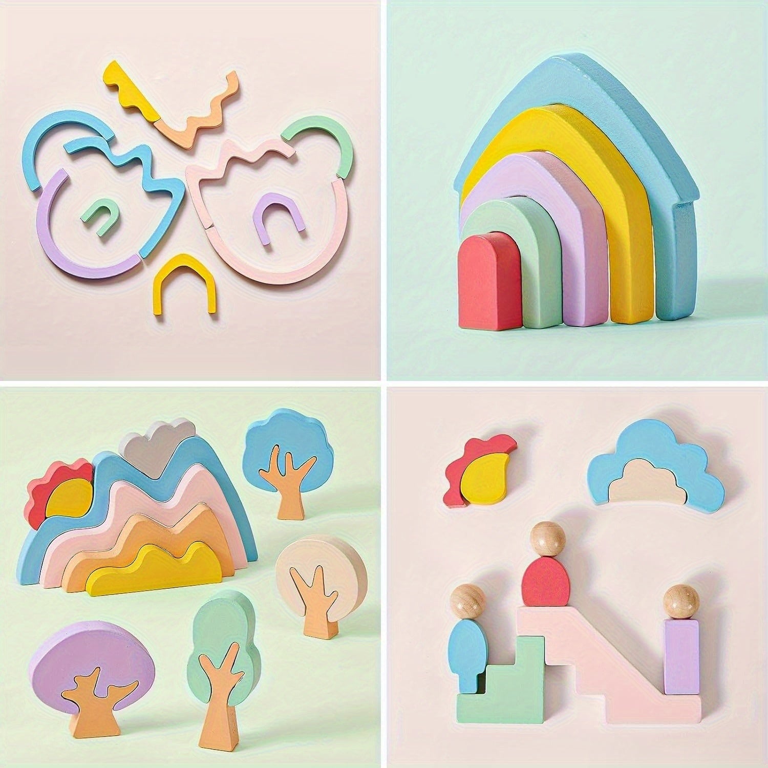 Wooden Building Blocks Rainbow Monster Tree House Mountain Landscape Toy