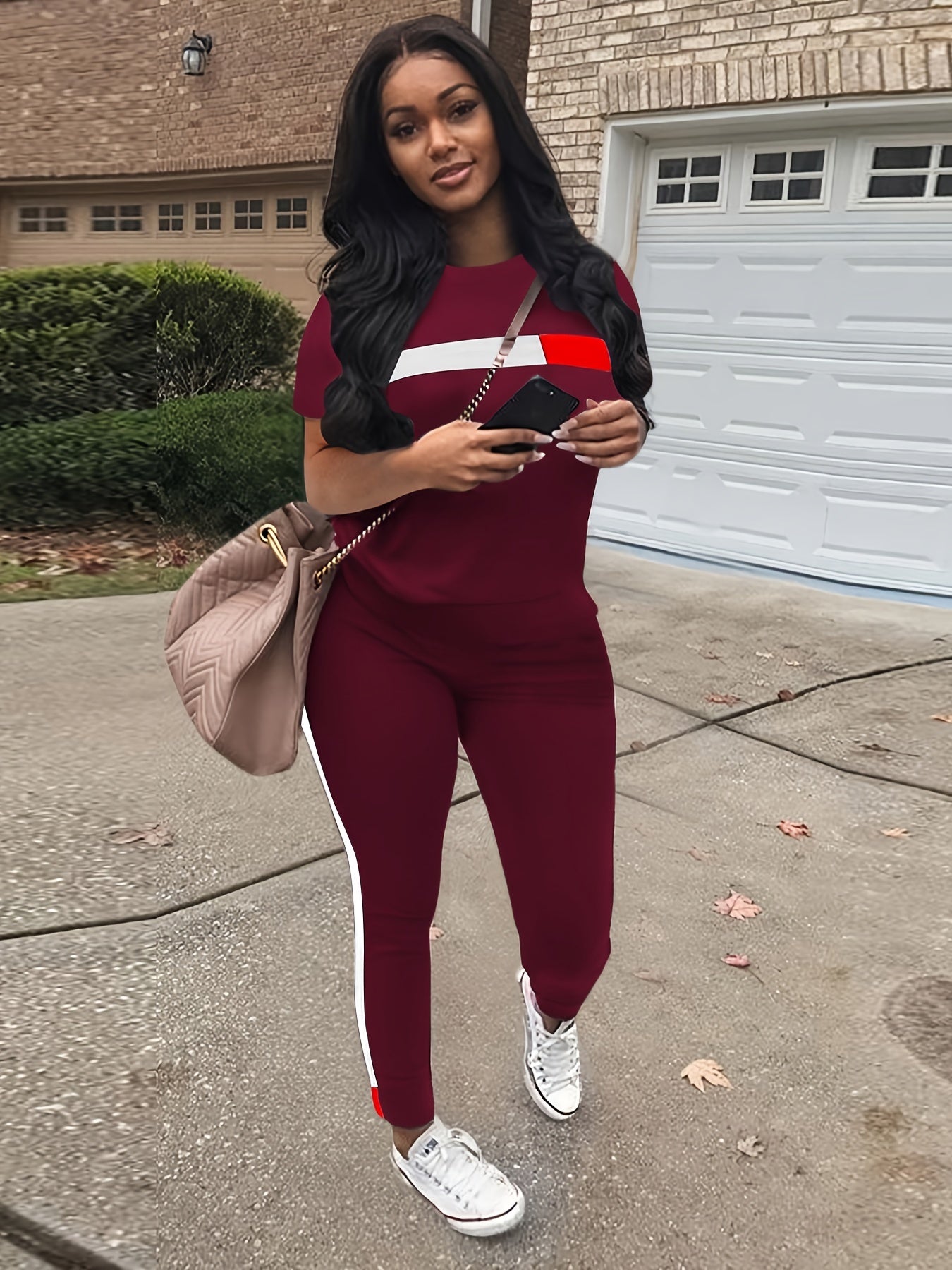 Block Two Piece Set Crew Neck Top & Drawstring Pants