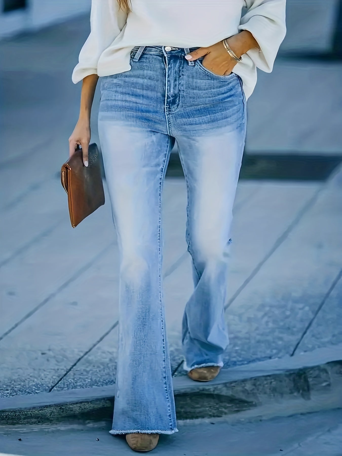  Washed Button Fly Fringe Trim Flared Jeans