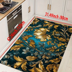 Retro Golden Leaf Print Rug Washable Floor Mat
