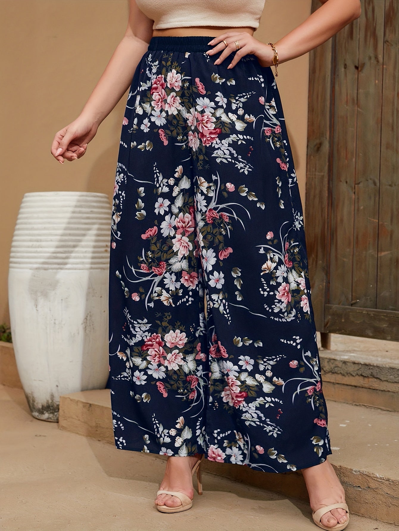  Boho Pants Women's Plus Floral Print Wide Leg Pants