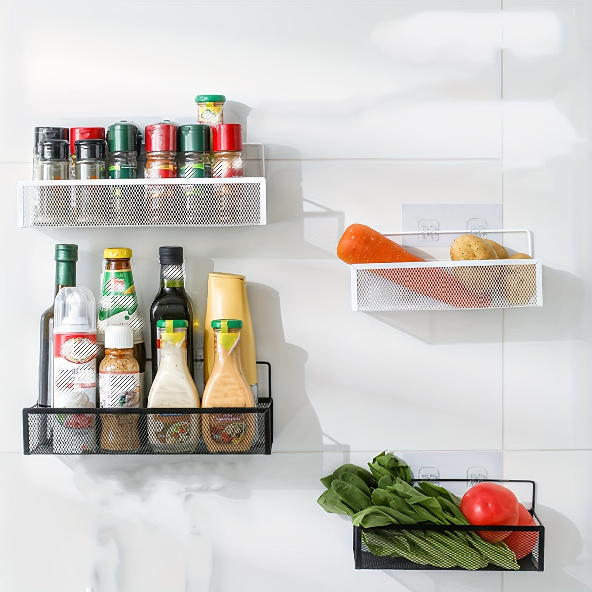 Wall-mounted Grid Storage Rack for Kitchen Supplies and Spices
