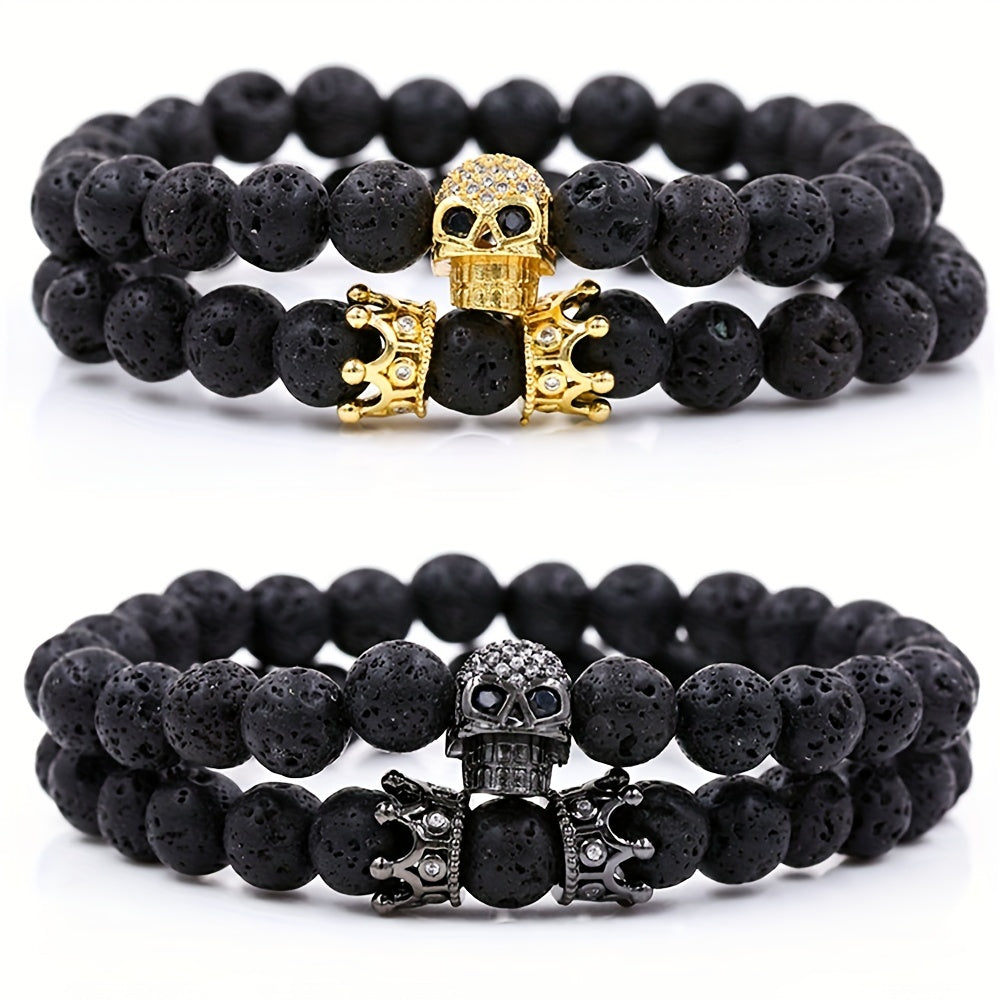 Volcanic Stone Micro Inlaid Skull Small Crown Men's Bracelet