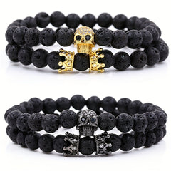 Volcanic Stone Micro Inlaid Skull Small Crown Men's Bracelet