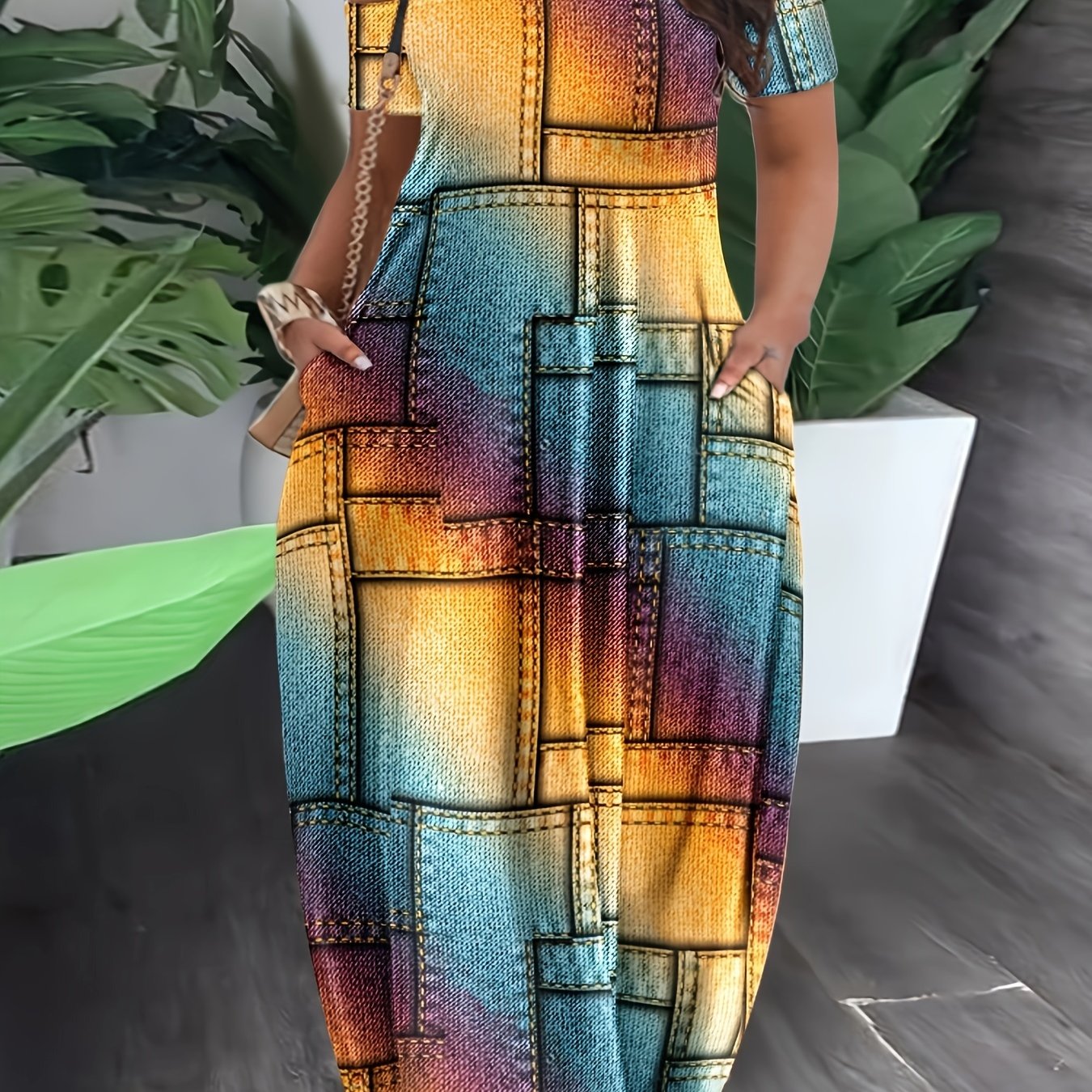  Geometric Print Off Shoulder Maxi Dress with Pockets