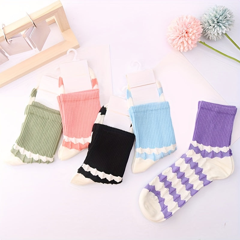 5 Pairs Women's Striped Crew Socks - Comfy & Breathable Stockings