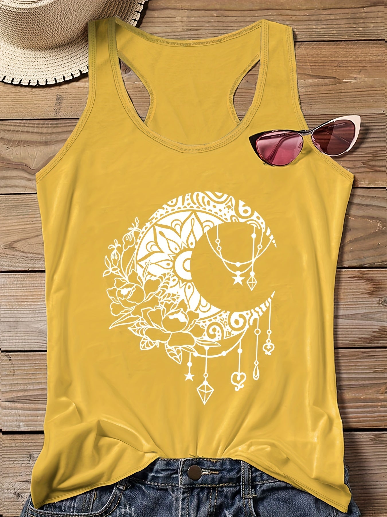  Moon & Floral Print Round Neck Tank Top