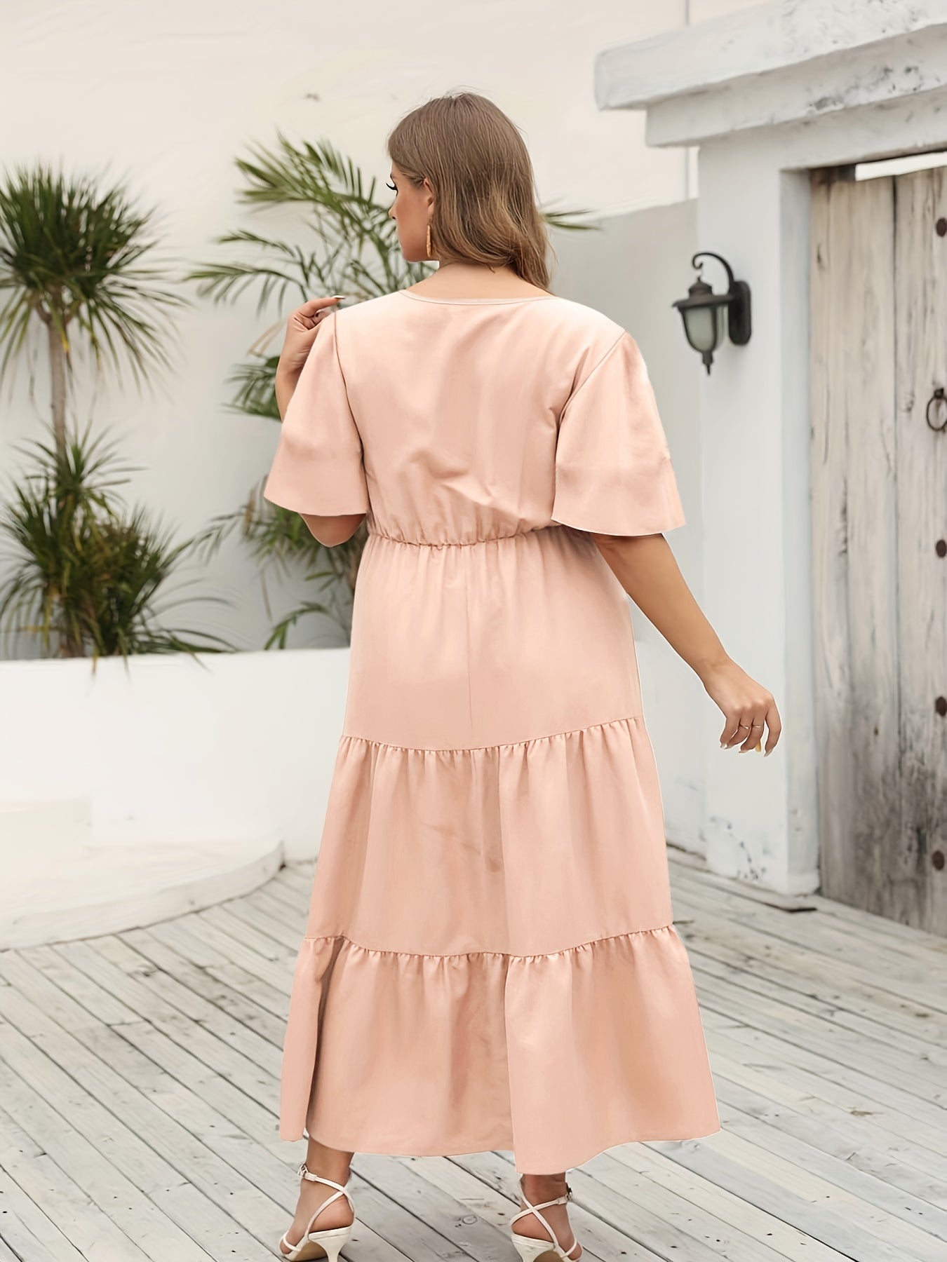  V Neck Flutter Sleeve Pom Pom Ruched Dress