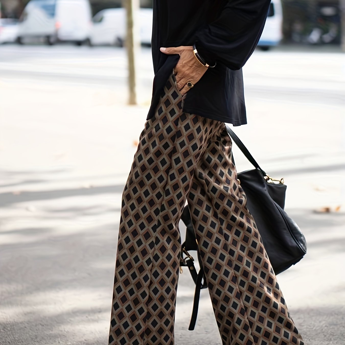 Women's Plus Argyle Print High Rise Wide Leg Trousers