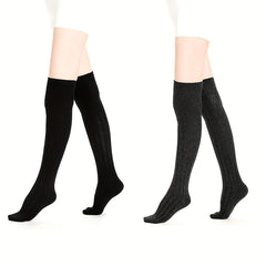2 Pairs Knitted Thigh High Socks Solid Warm Over The Knee Socks