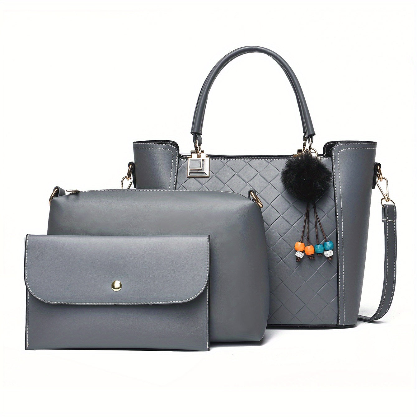 3pcs Tote Bag Inner Bag Clutch Purse Set PU Leather Textured Satchel Bag