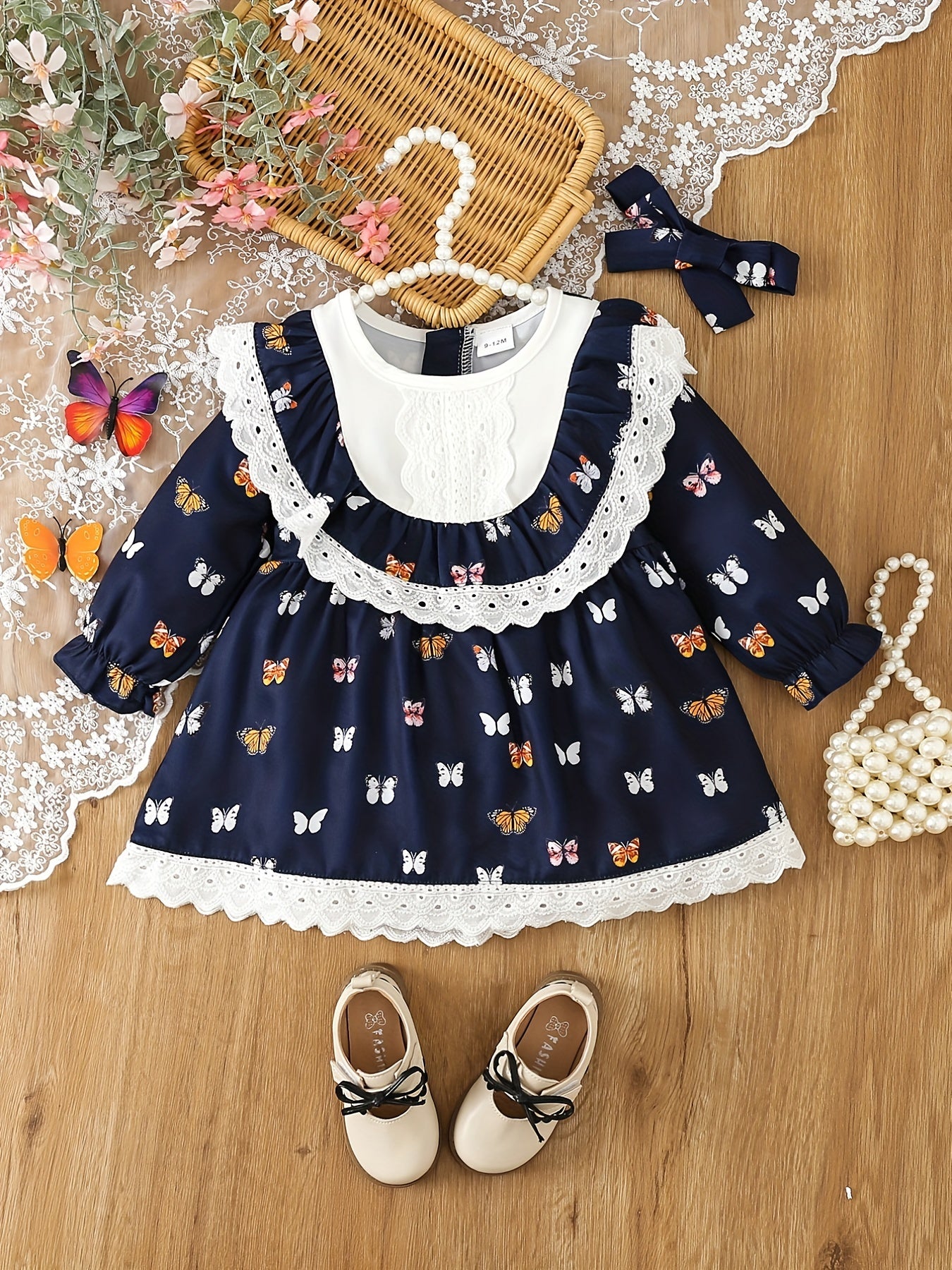 Baby Girl Butterfly Lace Doll Collar Dress Long Sleeve Dresses