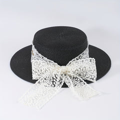 Lace Ribbon Bowknot Sun Hat Jazz Fedora Cap Straw Hat