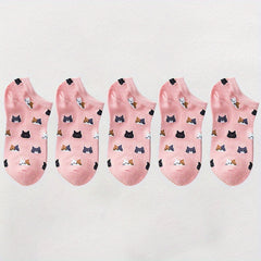 10 Pairs Cartoon Cat Print Socks Low Cut Ankle Socks Women's Stockings