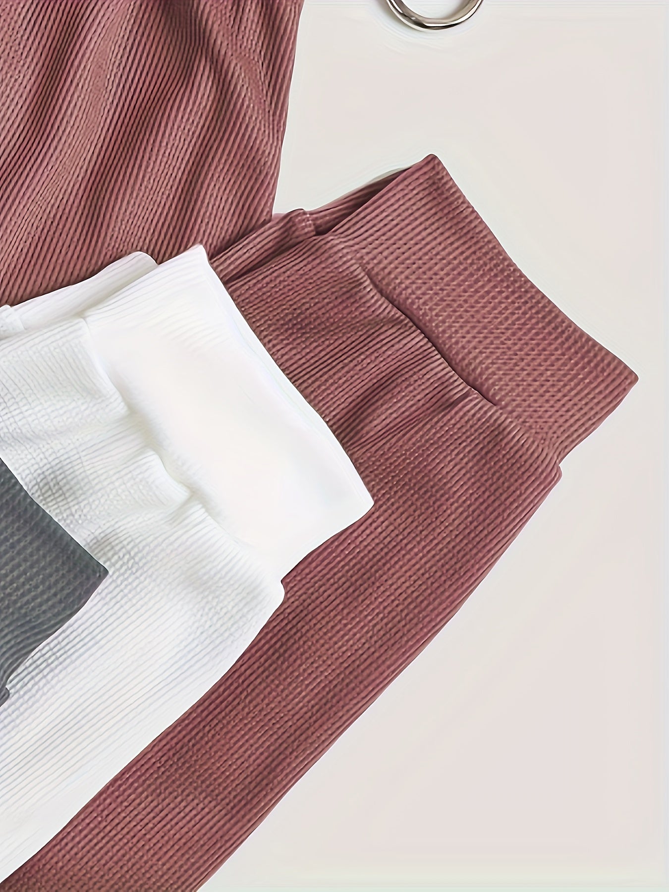 Solid Ribbed Lounge Set Long Sleeve Crew Neck Top & Elastic Waistband Pants