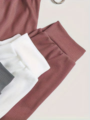 Solid Ribbed Lounge Set Long Sleeve Crew Neck Top & Elastic Waistband Pants