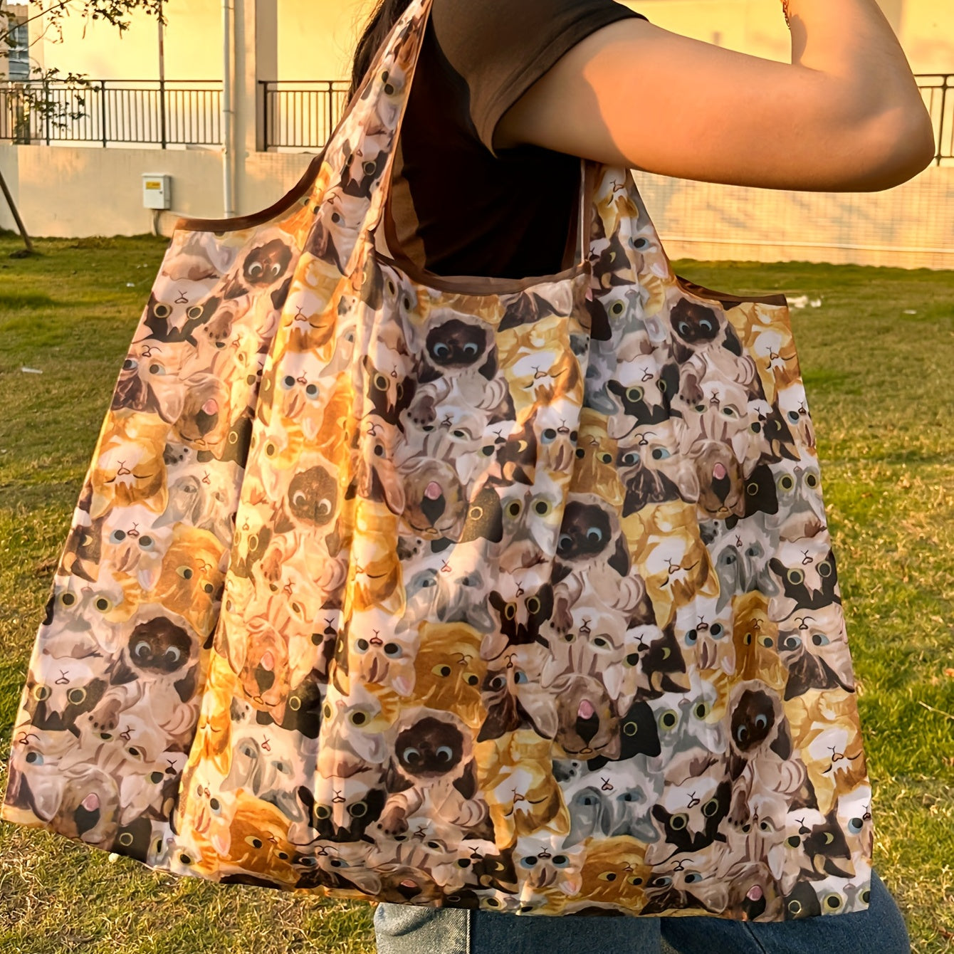 Cat Pattern Foldable Tote Bag Large Capacity Portable Shoulder Bag