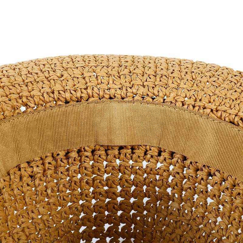 Curved Brim Brown Sun Hat Hollow Crochet Fedora Cap Women's