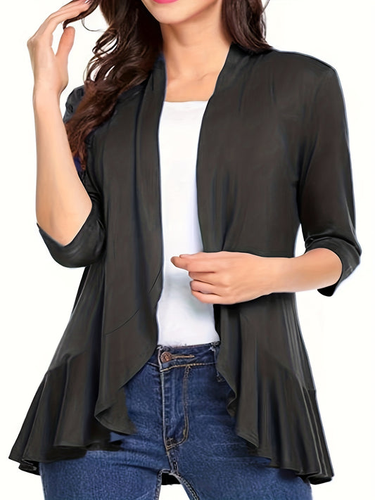  Open Front Ruffle Trim Cardigan