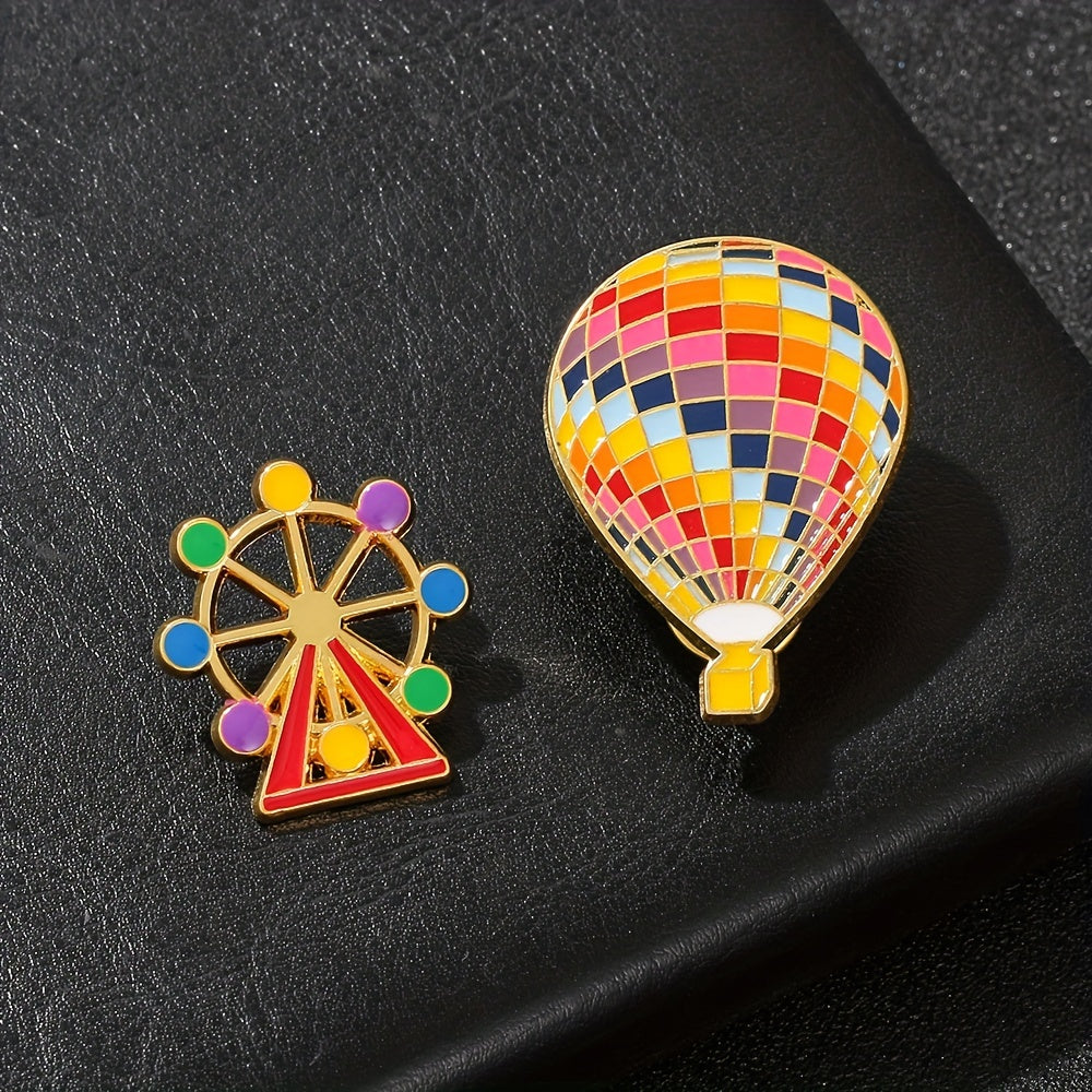 Enamel Hot Air Balloon & Ferris Wheel Brooch Pin for Girls