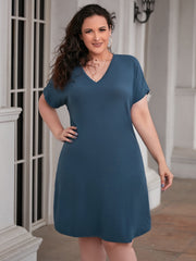  Solid Short Sleeve Tunic Dress Women's Summer V neck Dress
