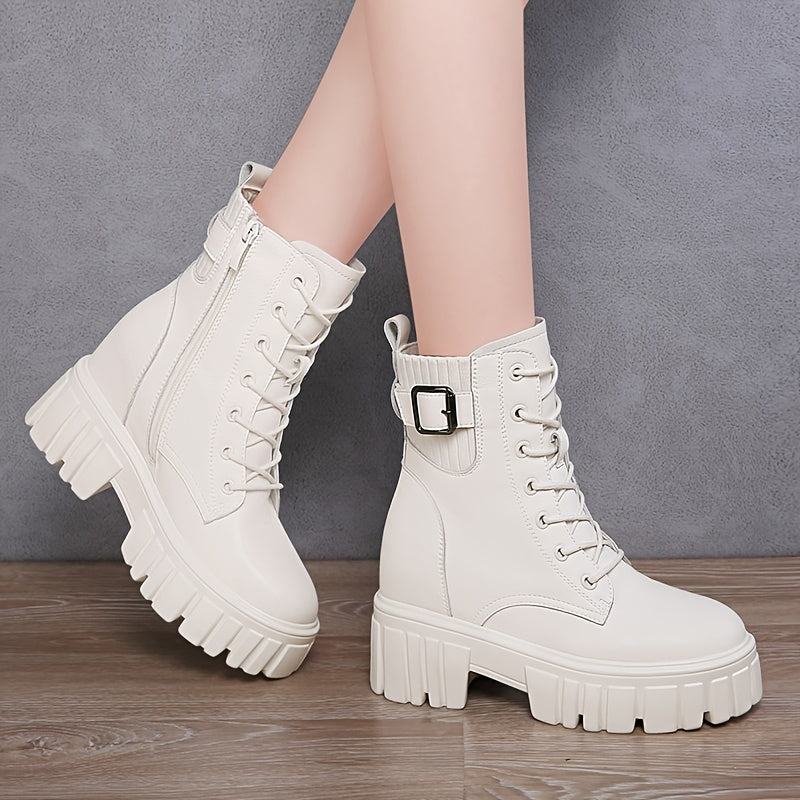 Metal Buckle Ankle Combat Boots Lace Up & Zipper Women's Footwear