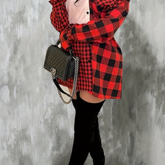  Colorblock Gingham Print Long Sleeve Dress