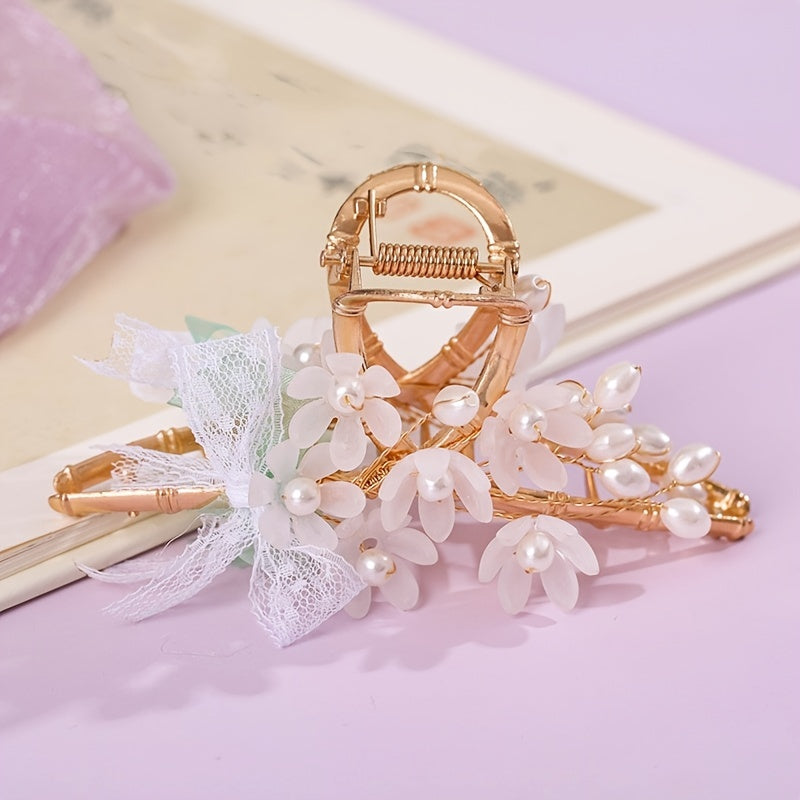 Vintage Chinese Style Hair Claw Clip Faux Pearl Flower Leaf Metal