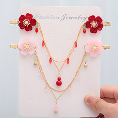 Chinese Style Flower Hair Clip with Tassel Chain - Headdress Jewelry