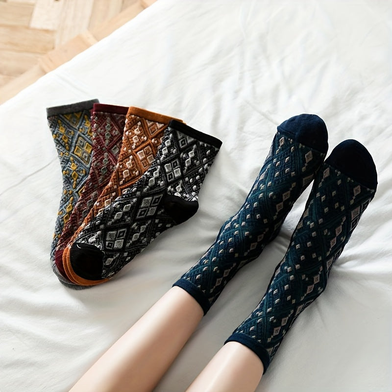 Geometric Pattern Mid Tube Socks Retro Style Women's Stockings