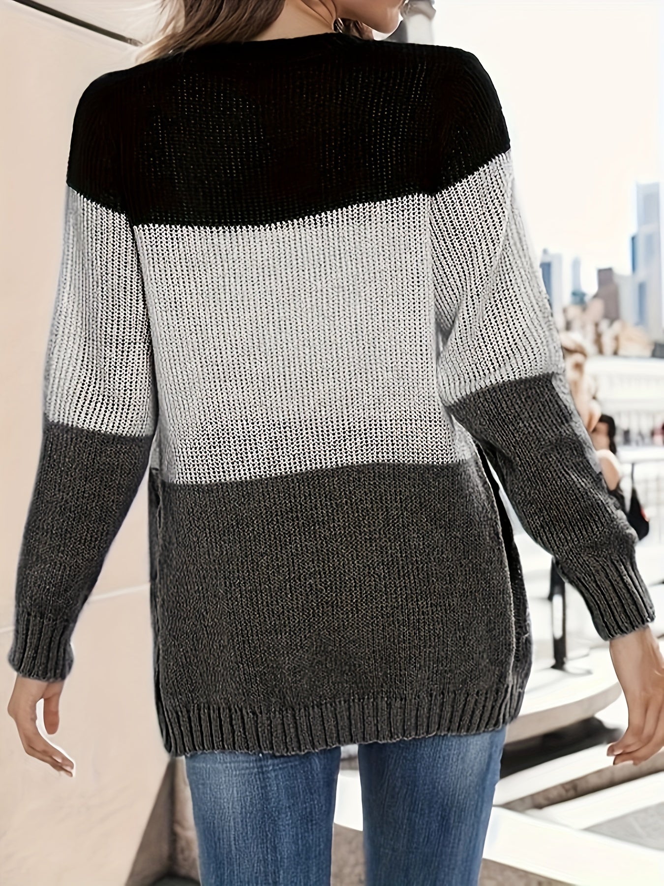 Block Knit Cardigan Button Front Casual Long Sleeve Sweater