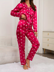 Heart Print Pajama Set Long Sleeve Top & Pants Women's Sleepwear