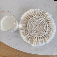 Boho Macrame Coasters For Wooden Table - Hand Woven Drink Coasters