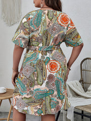  Paisley Print Short Sleeve Dress With Belt