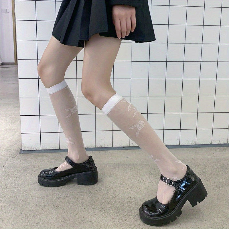Floral Pattern Mesh Calf Socks Sheer Knee High Stockings