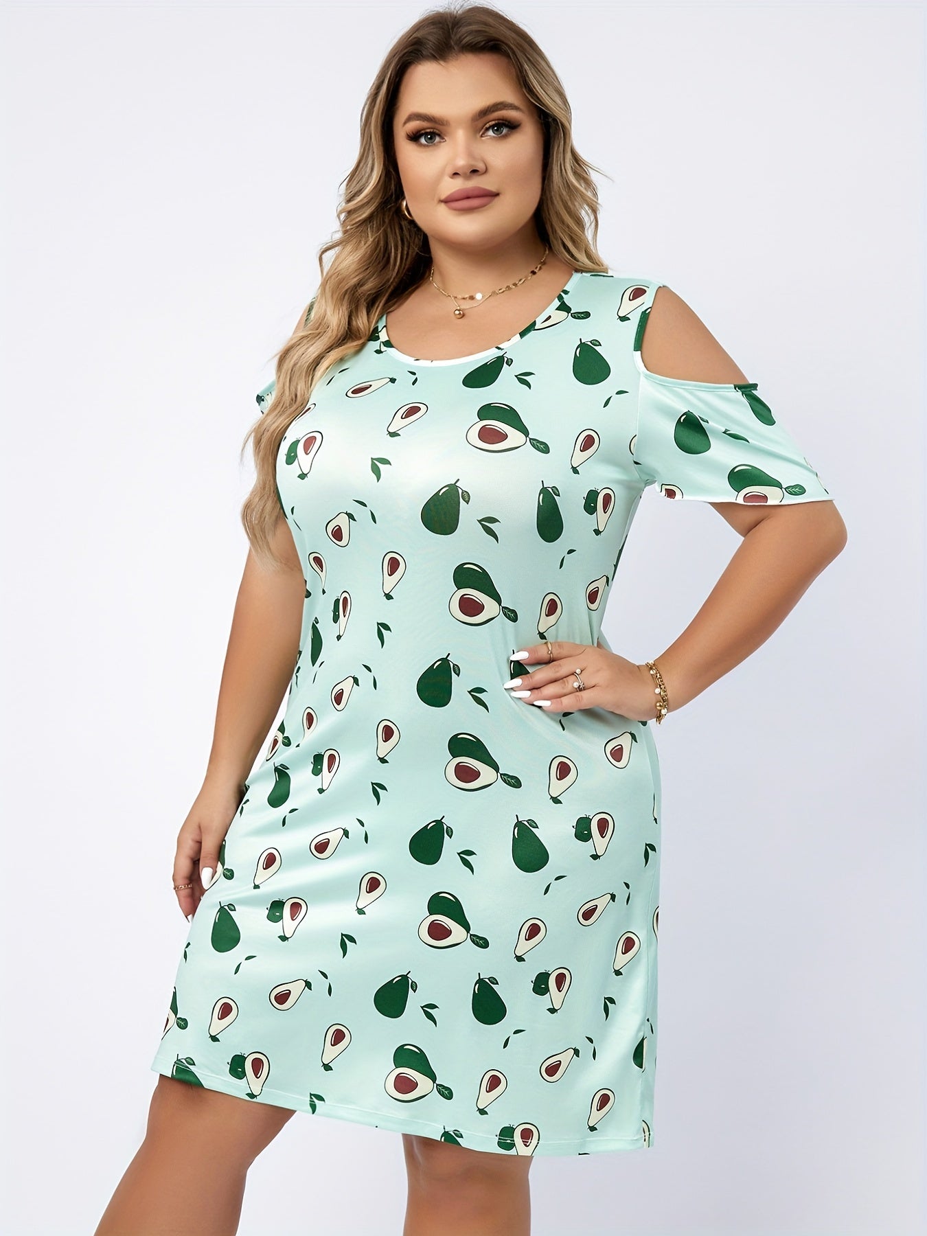  Avocado Cold Shoulder Nightdress Round Neck Sleep Dress
