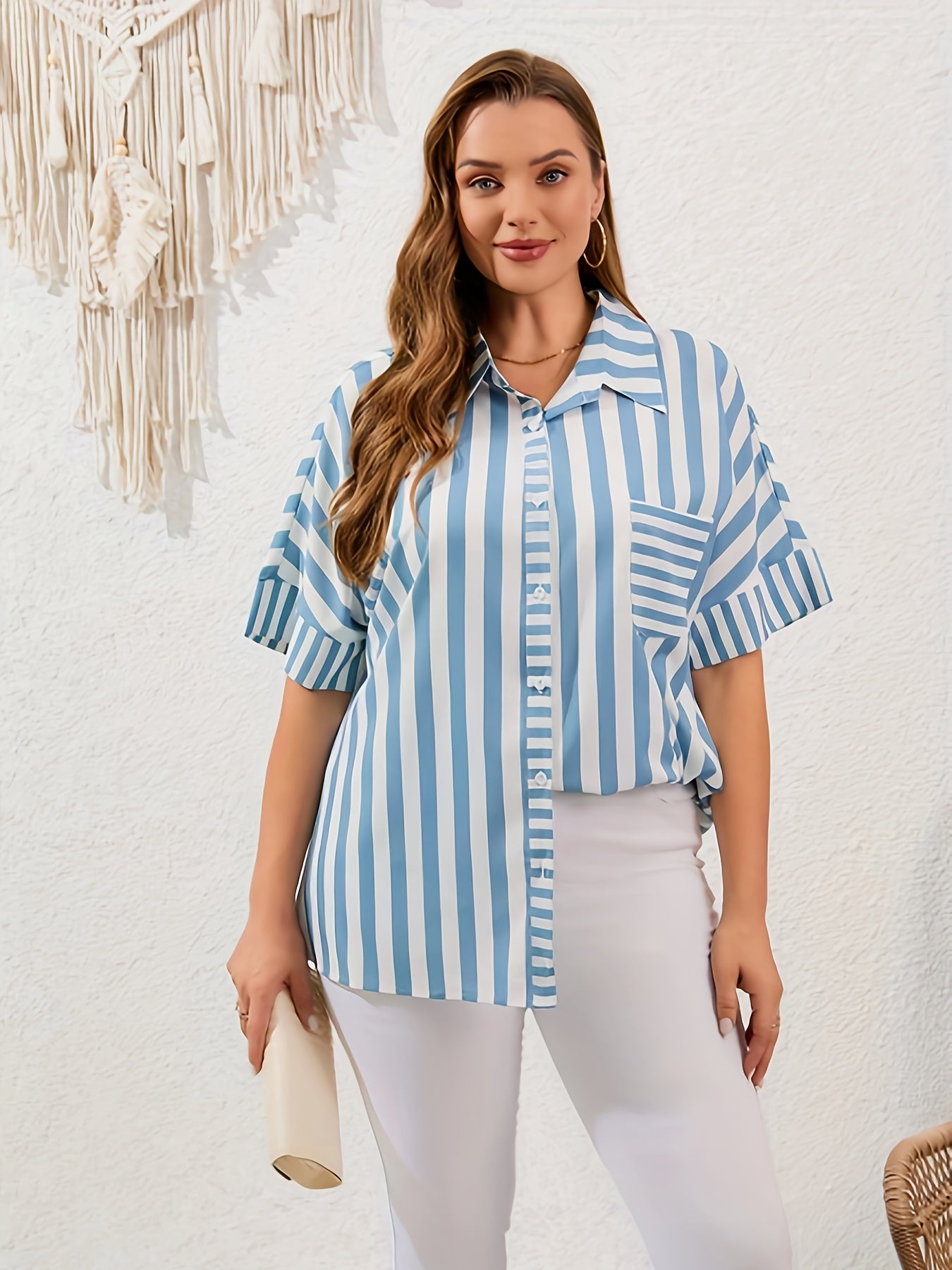  Nautical Stripe Print Button Up Bat Sleeve Shirt